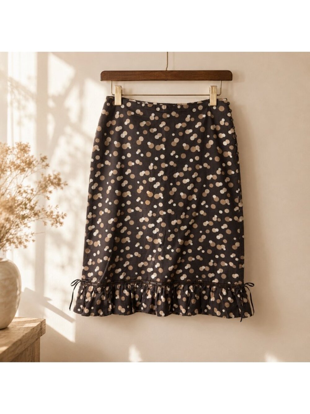 J.Crew NWOT Brown Polka Dot Cotton A-Line Ruffle Hem Midi Skirt Size 4 - Picture 2 of 16